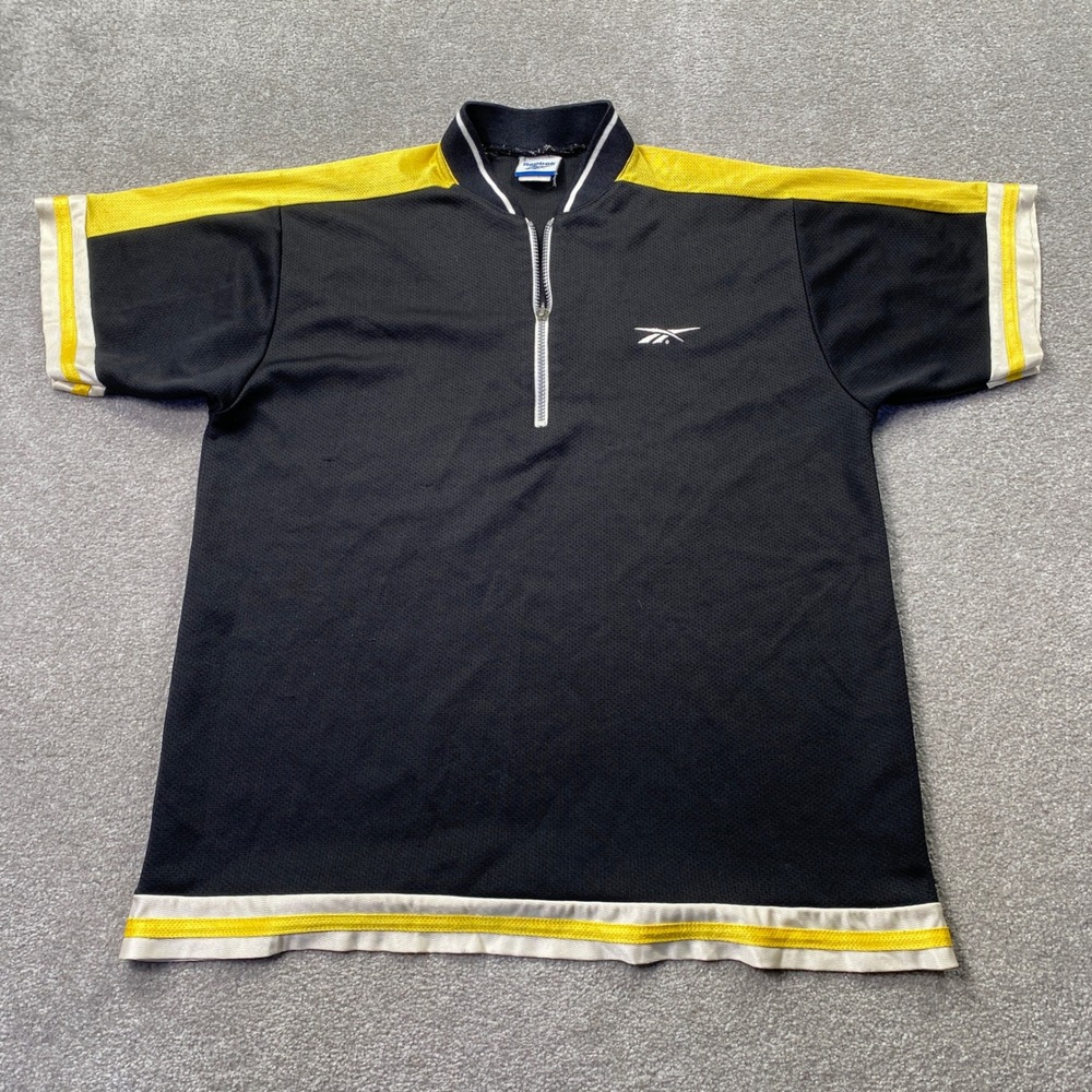 VTG Reebok Quarter-Zip Mesh Jersey Mens Small Black Yellow Striped Short Sleeve